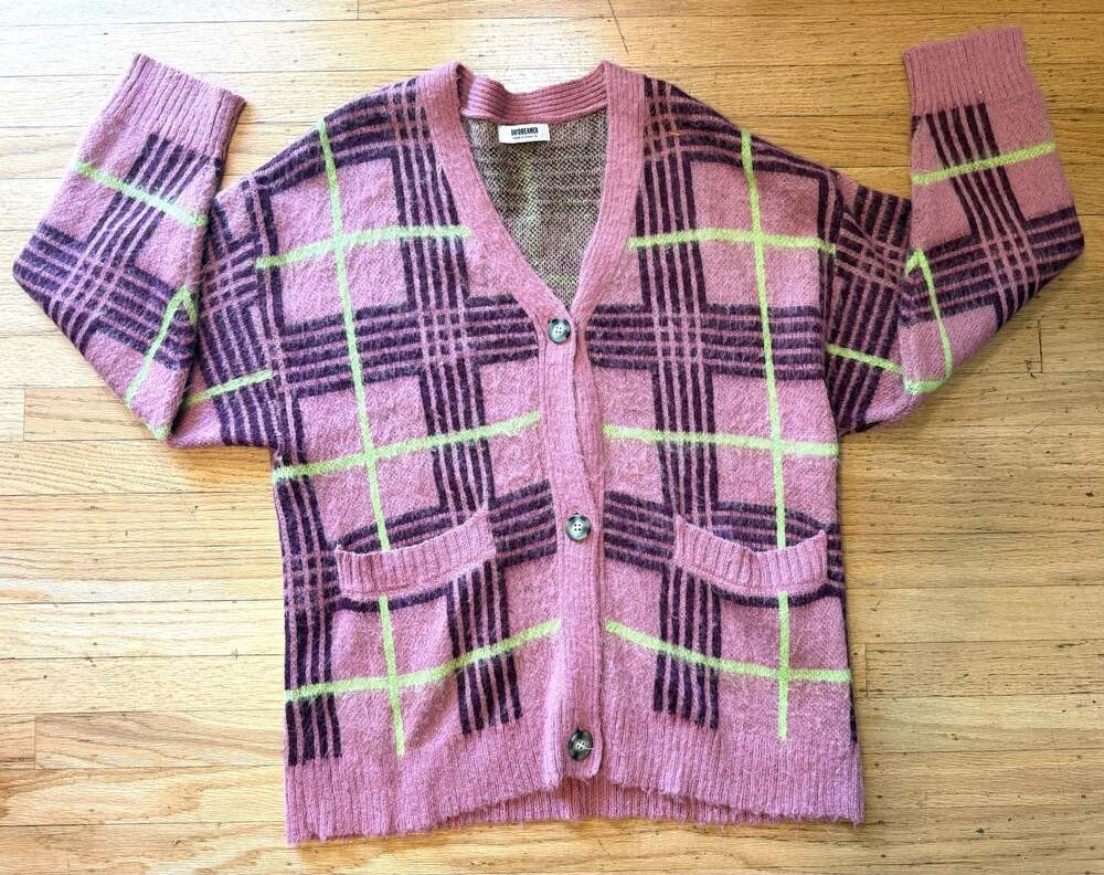 Daydreamer Pink Plaid Oversized Mohair Wool Blend Cardigan Sweater Size Medium